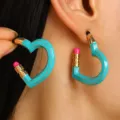 Creative pencil-shaped heart earrings with vibrant blue enamel, gold accents and pink tips - Heart Shape Hoop Earrings Set / 10 Cyan (G-284)
