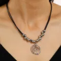 Large elegant silver swirl flower pendant necklace with metallic beads on black cord - European Flower Vortex Necklace White K (12272)