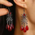 Halloween gothic spider web earrings with red teardrop gemstones in gunmetal finish - Gun Black(0331)