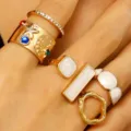 Vintage Baroque gold ring set featuring white pearl flower and lava metal textured designs - Vintage Star/Moon Flower Set (WG0-1398)