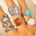 Vintage silver-toned lava ring set with vibrant colorful stones and unique crumpled metal texture - Silver Cabochon Gemstone Set (G-452)