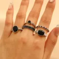 Elegant vintage gothic set of five silver rings featuring various black gemstones - Black Gemstone Vintage Set (1029)
