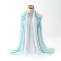 Close-up detail of a lightweight light blue and white gradient chiffon shawl on mannequin - 70x180cm / White+Green