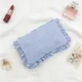 Blue and white striped makeup bag with cute ruffled lace trim, portable cosmetic storage pouch. - Dark Blue