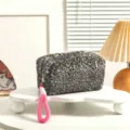 Leopard print plush cosmetic bag with pink strap, fluffy portable storage pouch for travel. - Black (With Lanyard)