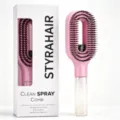 Pink spray hair comb with bristle brush and water spray bottle handle for daily hair styling. - Pink