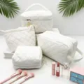 White quilted cosmetic bag set, large capacity travel toiletry organizer with handle for daily use. - Handbag 24*11*15cm / White