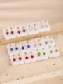 Detailed view of stainless steel square crystal ear clips and piercing converters in various colors. - Multicolor Square Rhinestone Style / 12 Pairs Set