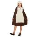 Kids Victorian colonial cosplay costume, brown vintage maid dress with white apron and bonnet. - S / Brown