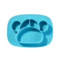 Blue silicone baby divided plate close-up, cute animal shape sectioned toddler dinner tray. - Blue