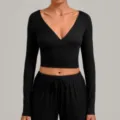 Black long sleeve wrap tie yoga crop top activewear fitness sportswear for women - S / Top And Bottom / Black
