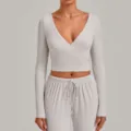 Grey wrap long sleeve yoga top and pants set, perfect for fitness and outdoor workout. - S / Top And Bottom / Warm Stone Grey