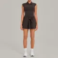 Women Athletic Tennis Dress Sleeveless Polo Romper with Tie Waist and Built-In Shorts. - Espresso