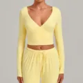 Yellow long sleeve wrap yoga top and matching drawstring pants set for women fitness wear. - S / Top And Bottom / Durian Yellow