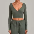 Army Green Long Sleeve Wrap Yoga Crop Top and Drawstring Pants Activewear Set - S / Top And Bottom / Khaki Green