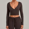 Dark brown long sleeve wrap yoga crop top for women, fitness activewear with tie design. - Espresso