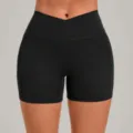 Black crossover high-waist yoga shorts for women fitness running gym activewear leggings. - S / Bottoms / Black