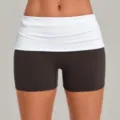 Damen Kontrast Umschlag Yoga Shorts, weißer Bund dunkelbraune Fitness Sport Laufhose - S / Unterteile / Espresso