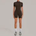 Mujer manga corta cremallera yoga romper ropa deportiva mono fitness compresion bodysuit - S / Top Y Pantalón / Marrón