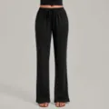 Black loose wide leg casual trousers with elastic drawstring waist for women comfy pants - S / Bottoms / Black
