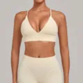 Adjustable back sports bra and yoga pants set, brushed quick drying fitness workout wear. - S / Tops / Beige