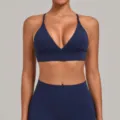 Dark blue sports bra and yoga leggings set, adjustable straps, quick-drying activewear. - Navy Blue