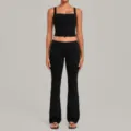 Black two-piece yoga set featuring a square neck tank top and foldover waist flare leggings. - S / Top And Bottom / Black