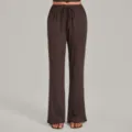 Dark brown women's casual wide-leg yoga pants with high elastic drawstring waist and drape. - Dark Coffee