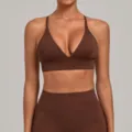 Brown sports bra and yoga leggings set, adjustable straps, brushed quick-dry fitness wear. - Coffee