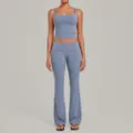 Grey yoga set square neck crop tank top and fold-over waist flare pants activewear - S / Top And Bottom / Grey Blue