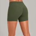 High waist olive green yoga shorts for women, crossover waistband fitness activewear biker shorts. - S / Bottoms / Olive Green