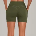High waist olive green yoga shorts with pockets, butt lifting fitness biker athletic shorts. - S / Bottoms / Olive Green