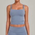 Solid blue square neck yoga tank top for women, breathable fitness workout crop top. - S / Tops / Grey Blue