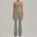 Sage green yoga set crop tank top and high waist flare pants activewear fitness suit - Basil Green
