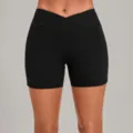 High waist crossover yoga shorts for women fitness running gym workout activewear apparel - Black
