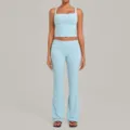 Light blue yoga set featuring a square neck tank top and folded waistband flare pants. - Serenity Blue