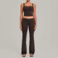 Dark brown yoga set featuring a square neck crop top and fold-over flare pants for fitness. - Espresso