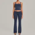 Dark blue yoga set with square neck tank top and fold-over flare pants for fitness workouts. - Medallion Blue