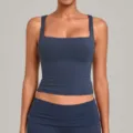 Damen Quadratischer Ausschnitt Yoga Tanktop Sport Fitness Workout Oberteil Marineblau - Medaillon Blau