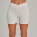 Light grey cross waist high waist yoga shorts, nude feel stretchy fitness biker shorts. - Warm Stone Grey