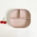 Pink silicone baby divided suction plate with three compartments for toddler feeding time. - Rose Pink