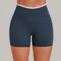 High waist contrast binding naked feel yoga shorts, dark grey quick dry fitness tights. - S / Bottoms / Medallion Blue