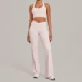 Pink two piece yoga set with halter sports bra and crossover flare pants for running workouts. - S / Top And Bottom / Ballet Powder