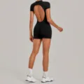 Black backless yoga jumpsuit, short sleeve fitness romper, tight stretch sportswear for women. - S / Set / Black