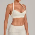 White halter neck sports bra for women, stylish fitness yoga top variant for gym and running. - S / Tops / Light Apricot