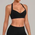 Black deep v-neck yoga sports bra, halter backless fitness running underwear for women - S / Tops / Black