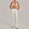 White halter bra and foldover waist yoga set, slim fit athletic fitness workout outfit SKU - S / Top And Bottom / Beige