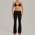 Black halter sports bra and fold-over flare yoga pants set for fitness workout wear sku - S / Top And Bottom / Black