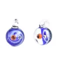 Handmade galaxy glass pendant detail shot, showing transparent crystal sphere with nebula art inside. - Blue Base Double Ball