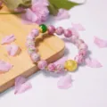 Vintage glass bead bracelet with peach blossom style, frog skin pattern couple jewelry. - 10mm / Pink and Green Plaque